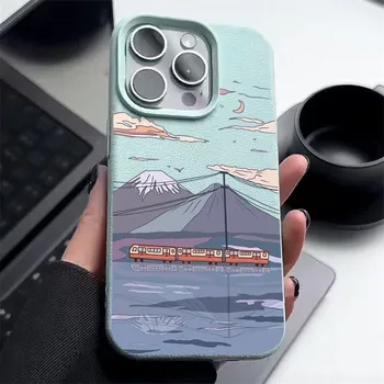Мягкий тонкий чехол для телефона TPU с рисунком в виде гор для iPhone 16 Pro Max 15 Pro 14 13 12 11, кожаная текстура, противоударный защитный бампер для объектива iPhone 16 чёрный