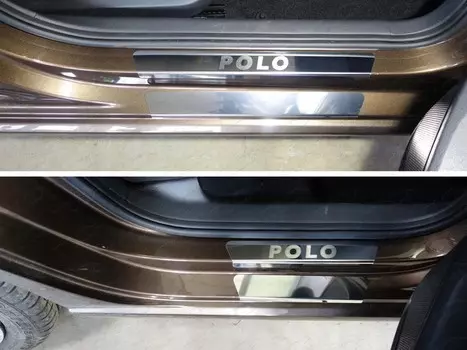 Накладки на пороги внешние и внутренние (лист зеркальный надпись Polo) ТСС VWPOLO16-19 для VOLKSWAGEN Passat (2011-2015)-