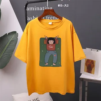 Новая летняя футболка большого размера Kawaii, мягкие хлопковые футболки для женщин, модный женский топ с принтом для спящей девушки M темно-синий