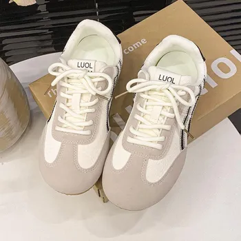 Color matching little white shoes retro lace-up casual sports shoes women s spring new versatile flat shoes 35 жёлтый