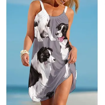 Kawaii Cat Dog Print Женское платье Винтажное женское пляжное платье Sling Midi Платья без рукавов Boho Soft Streetwear Девочки Ночное платье S