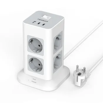 Многорозеточный сетевой фильтр TESSAN, 8-контактная многоконтактная розетка с 3 USB, удлинительный кабель, плоский разъем 2 м 8 Outlets &3 USB Ports серый