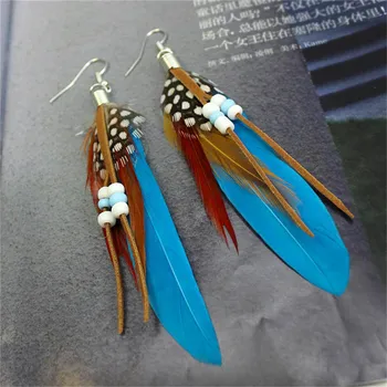 Tassel Dangling Earrings Feather Leather Beads Earrings Indian Feathers белый