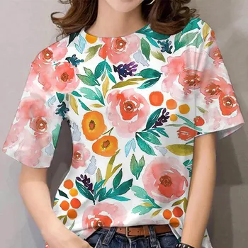 Casual 3d Print T Shirts Fashionable, High-quality and Comfortable Flower Patterned Short Sleeved Round Neck T-shirt XS