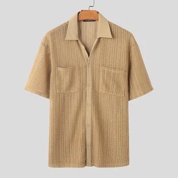 INCERUN Mens Oversized Short Sleeve Button Down Semi-Sheer Casual Loose Texture Shirts 2XL белый