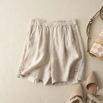 Summer Women s Shorts High Waist Straight Leg Pants Comfortable Breathable Cotton and Linen Casual Pants M чёрный