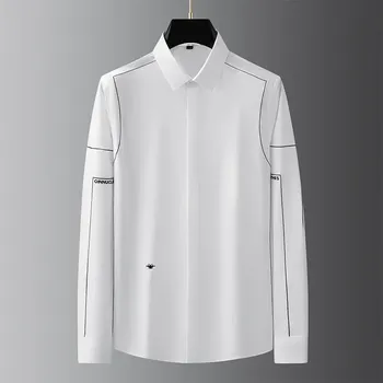 Модная мужская облегающая хлопковая рубашка Tencel без глажки, модная деловая рубашка с видимой вышивкой и длинными рукавами