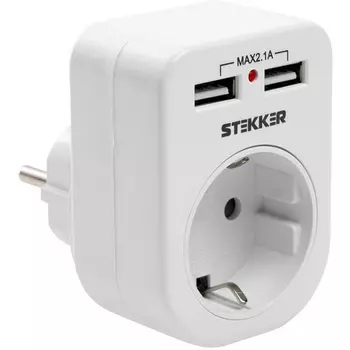 Адаптер переходник с заземлением и 2xUSB (белый) Stekker 39626