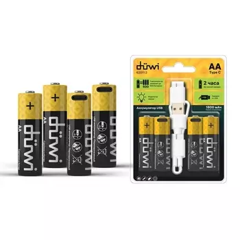 Аккумулятор Duwi 62011 2 USB-C Li-Ion AA 1.5V, 1800 мАч, 4 шт. + кабель для зарядки