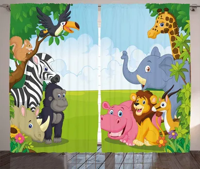 Forest Cartoon Animal Giraffe Child Window Curtains Home Decor Living Room Curtains Kitchen Drapes Panel Curtains for Bedroom 135W x 60H(cm)