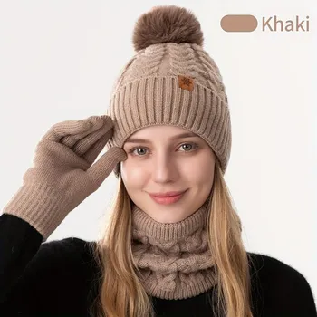 2025 1 set of autumn and winter wheat ear print ball hat, neck scarf, and touch screen gloves, keep warm, suitable for daily life and work use One-size
