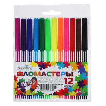 ClipStudio Фломастеры 12 цветов, с цветным вент.колпачком, большие, смываемые, пластик, в ПВХ пенале