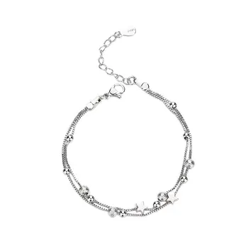 Серебряный браслет из стерлингового серебра S925, круглая бусина, двухслойный браслет с пятиконечной звездой, простой модный, универсальный, свежий персонализированный браслет для рук