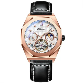 Chenxi Octagon роскошные кожаные мужские часы Hollowed Tourbillon механические часы Starry Moon Phases Luminous автоматические наручные часы чёрный