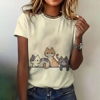 Женская одежда Футболка Летний круглый вырез с коротким рукавом Топ с 3d принтом кота Повседневный свободный модный топ с короткими рукавами Женская футболка XS