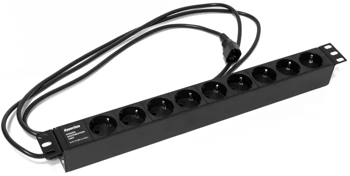 Блок розеток (PDU) Hyperline, 1U, кол-во розеток:9 (9xЕвро), 10А, черный, кабель питания 2.5 м (SHE19-9SH-2.5IEC)
