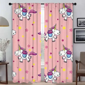 Cute Cartoon Unicorn Home Interior Curtains for Living Room Curtain Tulle for Bedroom Shades Anti-mosquito Curtains 2 Pieces W50xH70cmx2pcs-CL