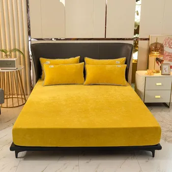 Warm Plush Fitted Sheet Elastic Mattress Cover Velvet Bed Cover Full Set Winter Soft Family Double Bed Bedding 120/150/180x200cm 2 Pillowcases серый