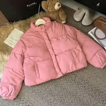 Solid Color Windproof Puffer Jacket Women Winter Thick Short Coat Warm Coat Fluffy Parka Vintage Tops L