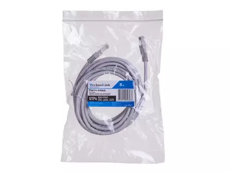 Патч-корд UTP кат.5e, 5м, RJ45-RJ45, серый, LSZH, Technolink (TC.CCA.UTP.5e-5.0m-2-lszh / 58011)