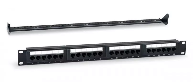 Патч-панель 19" 1U, порты: 24 x RJ-45 кат. 5e, органайзер, WR-PL-24-C5E-D, WRLine (WR-PL-24-C5E-D)