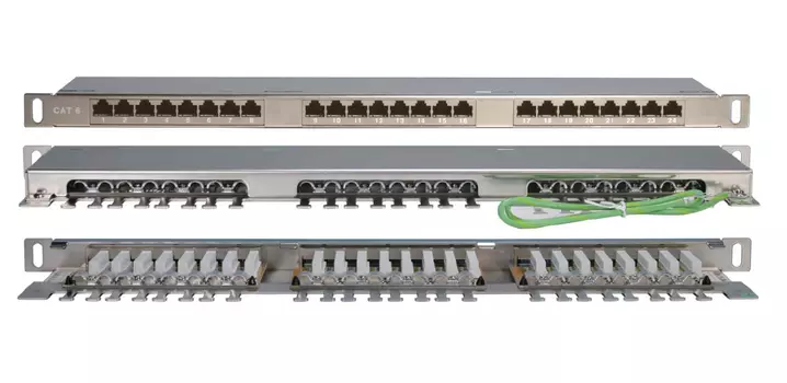 Патч-панель в шкаф 19" 0.5U, порты: 24 x RJ-45, экранированная, Hyperline (PPHD-19-24-8P8C-C6-SH-110D)