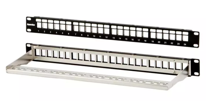 Патч-панель в шкаф 19" 1U, порты: 24, органайзер, черный, Hyperline (PPBL3-19-24-SH-RM)
