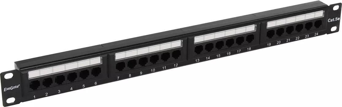 Патч-панель в шкаф 19" 1U, порты: 24 x RJ-45 кат. 5e, черный, EX256752RUS, Exegate