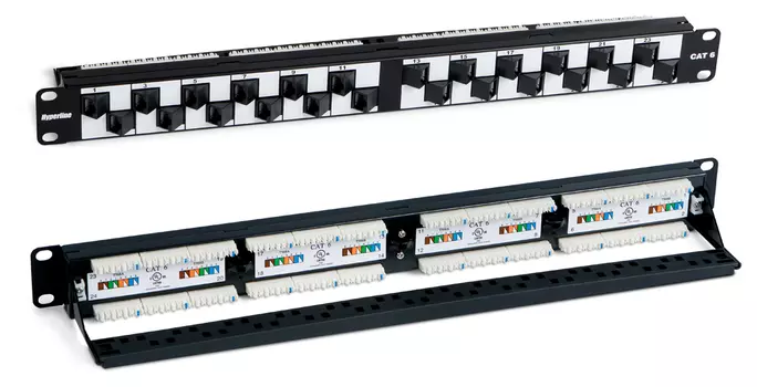 Патч-панель в шкаф 19" 1U, порты: 24 x RJ-45 кат. 6, Патч-панель 19", 1U, с угловыми портами, 24 порта RJ-45, категория 6, Dual IDC, Hyperline (PP2A-19-24S-8P8C-C6-110)