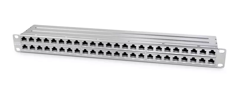 Патч-панель в шкаф 19" 1U, порты: 48 x RJ-45, экранированная, Патч-панель высокой плотности 19", 1U, 48 портов RJ-45, полный экран, категория 6A, Dual IDC, Hyperline (PPHD-19-48-8P8C-C6A-SH-110D)