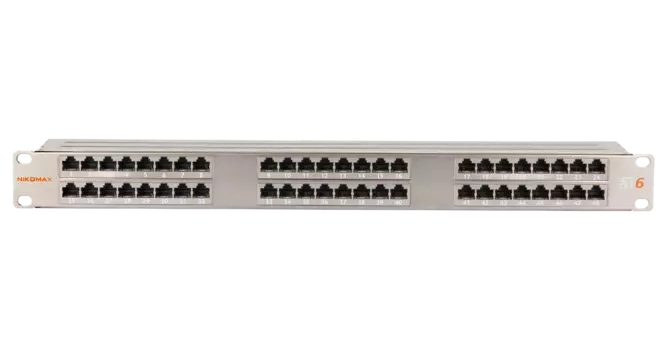 Патч-панель в шкаф 19" 1U, порты: 48 x RJ-45 кат. 6, экранированная, органайзер, металлик (никель), NIKOMAX (NMC-RP48SE2-HR-1U-MT)