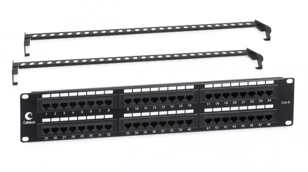 Патч-панель в шкаф 19" 2U, порты: 48 x RJ-45 кат. 6, органайзер, черный, PL-48-Cat.6-Dual, Cabeus (PL-48-Cat.6-Dual)