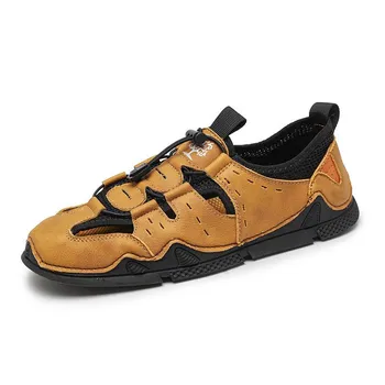 Men s Leather Sandals Summer New Breathable Soft Bottom Slip-on Leisure Driving Non-Slip Hollow Trendy Beach Shoes 38 зелёный