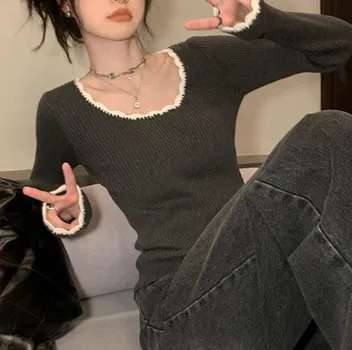 Round Neck Retro Temperament Contrasting Color Slim Fit Base Top Knitted Pullover Sweater S чёрный