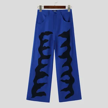 INCERUN Men Zipper High Waist Stitching Wide Leg Pants Print Long Trousers 4XL розовый
