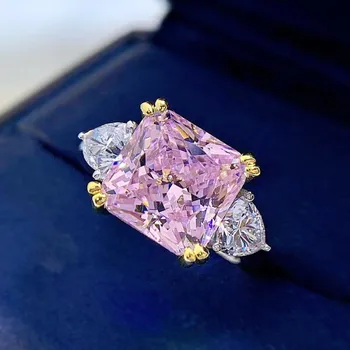 Благородное женское бриллиантовое кольцо S925 Silver High Carbon Diamond 5 Carat Square Poodle Yellow Powder Diamond Ring Impact Ring для женщин 5 жёлтый