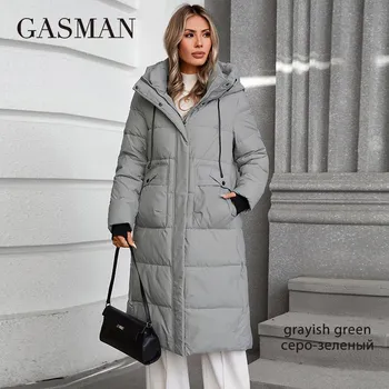 GASMAN 2024 Женская куртка длинная Fashion Grace женские зимние пуховики с карманом на молнии и поясом парка высокого качества верхняя одежда 88602 S чёрный