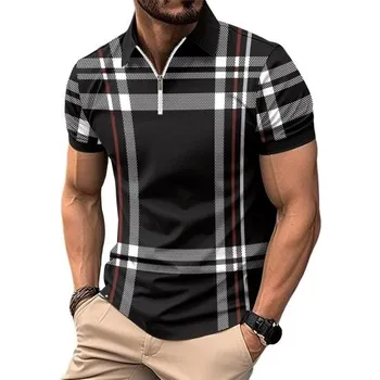 Мужская летняя рубашка на молнии с лацканами в клетку в полоску с принтом Slim Fit пуловер с короткими рукавами средней длины мягкий дышащий мужской деловой топ M