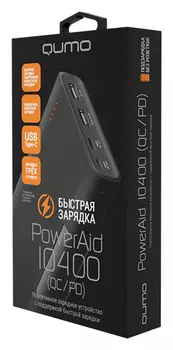 Портативный аккумулятор (Powerbank) Qumo PowerAid 10400 QC/PD, 10400mAh, 2xUSB, 2A, Type-C, QC, черный (24052)