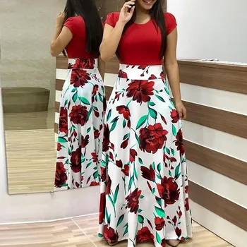 Женское модное повседневное платье макси с цветочным принтом и коротким рукавом, длинное платье макси L чёрный