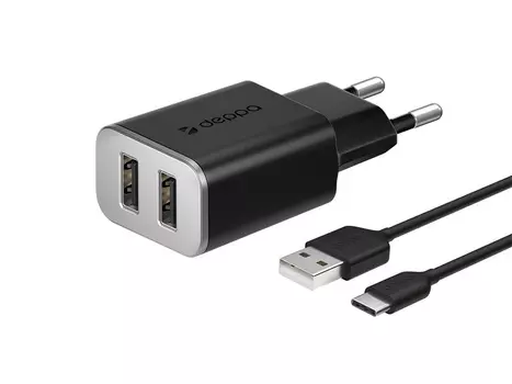 Сетевое зарядное устройство Deppa 11382 черный 2xUSB 2.4А + кабель USB Type-C