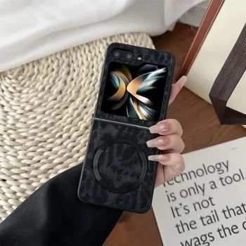 Роскошный леопардовый матовый кожаный чехол для Samsung Galaxy Z Flip 6 5 4 3 Magsafe, магнитный беспроводной зарядный чехол с полной защитой, аксессуар for Galaxy Z Flip 3 серый