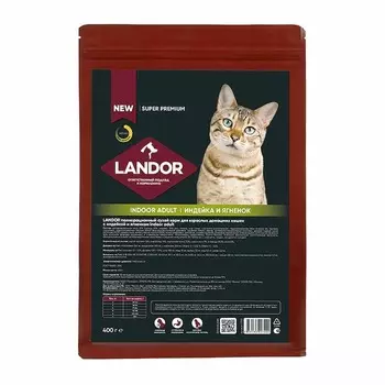 Landor сухой корм для домашних кошек, с индейкой и ягненком - 400 г повседневный супер премиум для взрослых с индейкой для всех пород мешок Россия 1 уп. х 1 шт. х 0.4 кг