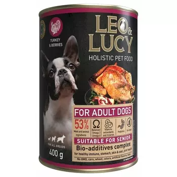 LEO&LUCY влажный холистик корм для взрослых и пожилых собак всех пород с индейкой и ягодами, паштет, в консервах - 400 г х 24 шт повседневный супер премиум холистики для взрослых с ягодами для всех пород консервы (в железной банке) Российский корм 1 уп. х 1 шт. х 0.4 кг