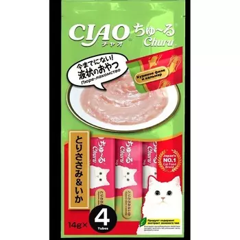 Inaba Ciao Churu лакомство-пюре для взрослых кошек с куриным филе и кальмаром - 14 г х 4 шт супер премиум для взрослых с кальмаром для всех пород Япония 1 уп. х 1 шт. х 0.056 кг