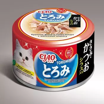 Inaba Ciao Toromi влажный корм для кошек, с куриным филе, тунцом кацуо и мальками ширасу, кусочки в бульоне, в консервах - 80 г повседневный супер премиум беззерновые для взрослых с тунцом для всех пород консервы (в железной банке) Китай 1 уп. х 24 шт. х 1.92 кг