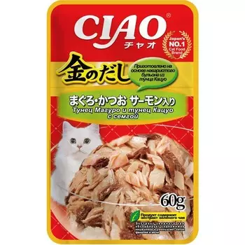 Inaba Kinnodashi влажный корм для кошек, микс тунцов и семга, кусочки в желе, в паучах - 60 г повседневный супер премиум беззерновые для взрослых с рыбой для всех пород паучи Импортный корм 1 уп. х 12 шт. х 0.72 кг
