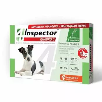 Inspector Quadro капли для собак 4-10 кг от блох, клещей и гельминтов - 3 пипетки для взрослых для всех пород Россия 1 уп. х 1 шт. х 0.029 кг