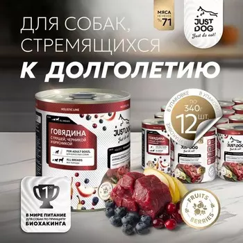 Just Dog Holistic влажный корм для собак, с ГОВЯДИНОЙ, грушей, черникой и брусникой, в консервах - 340 г повседневный супер премиум для взрослых с брусникой для всех пород консервы (в железной банке) Российский корм 1 уп. х 6 шт. х 2.04 кг