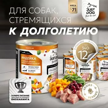 Just Dog Holistic влажный корм для собак, с ИНДЕЙКОЙ, тыквой, цукини, шпинатом и клюквой, в консервах - 340 г повседневный супер премиум для взрослых с индейкой для всех пород консервы (в железной банке) Российский корм 1 уп. х 6 шт. х 2.04 кг